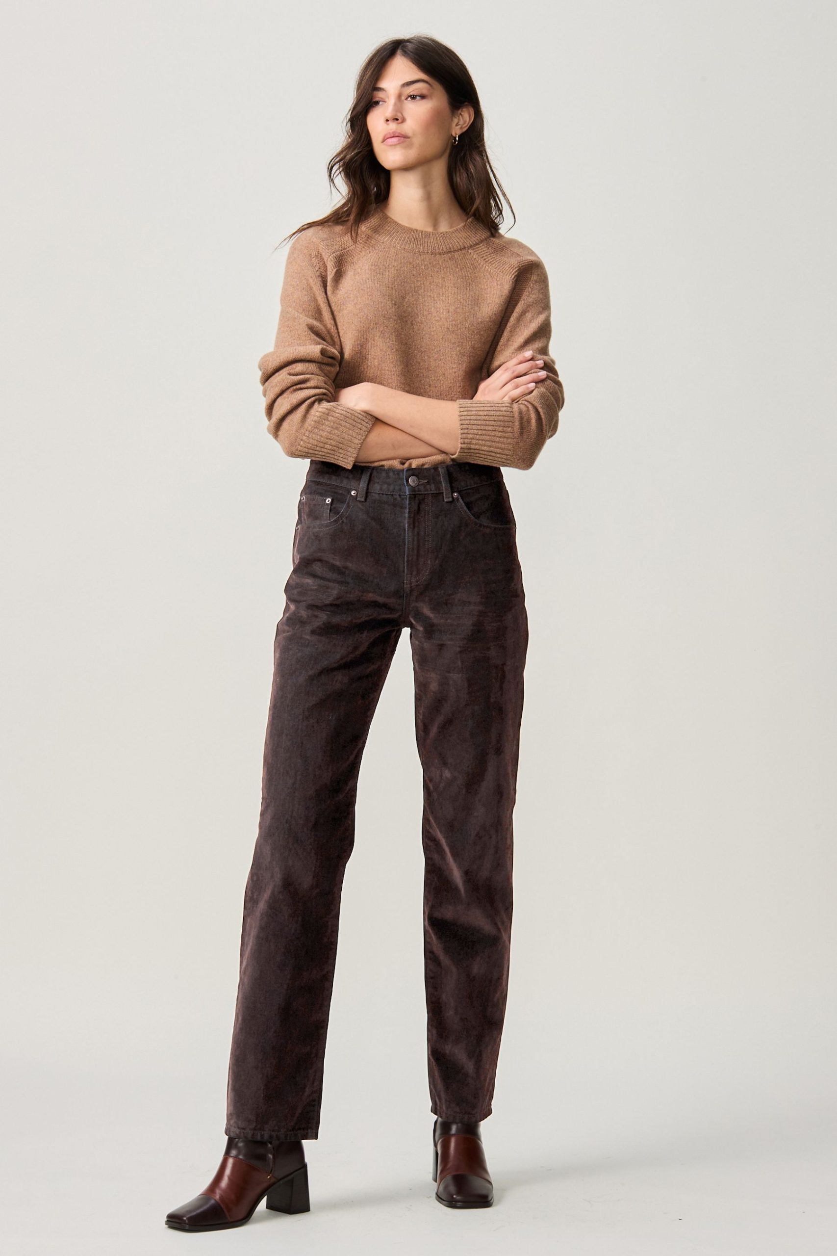 RID257 Brown Velvet Flocked 100% Cotton Rigid Straight Leg Jeans - Image 2