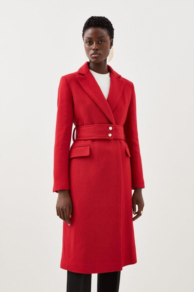RID227 Wool Mix Button Detail Belted Midi Coat