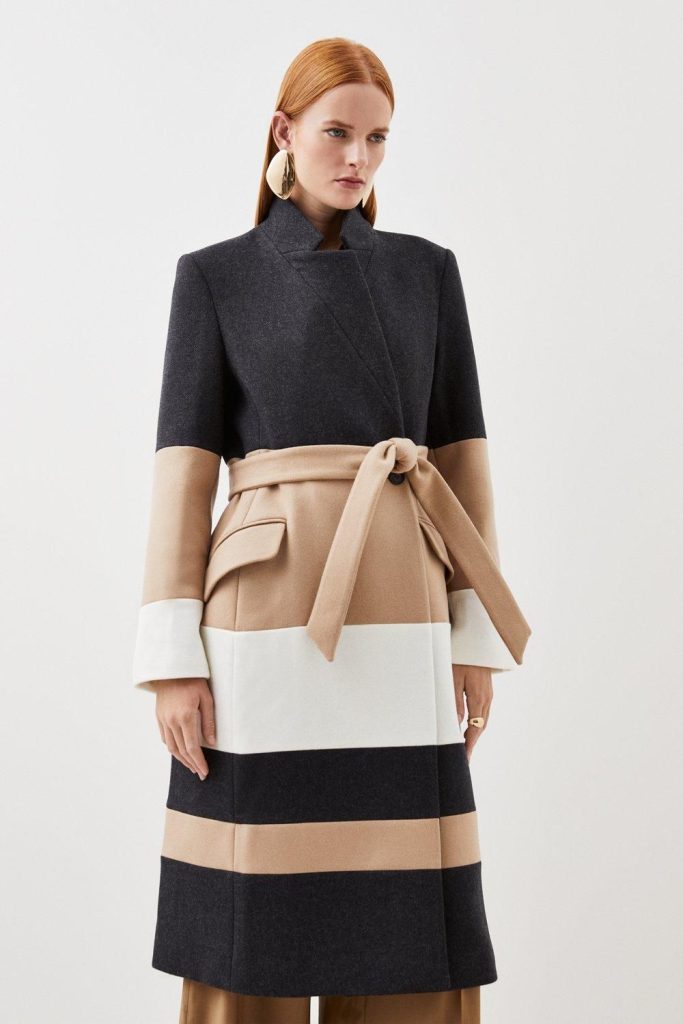 RID228 Wool Blend Contrast Midi Coat
