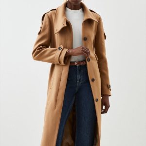 RID237 Wool Blend Tailored Epaulette Detail Belted Coat