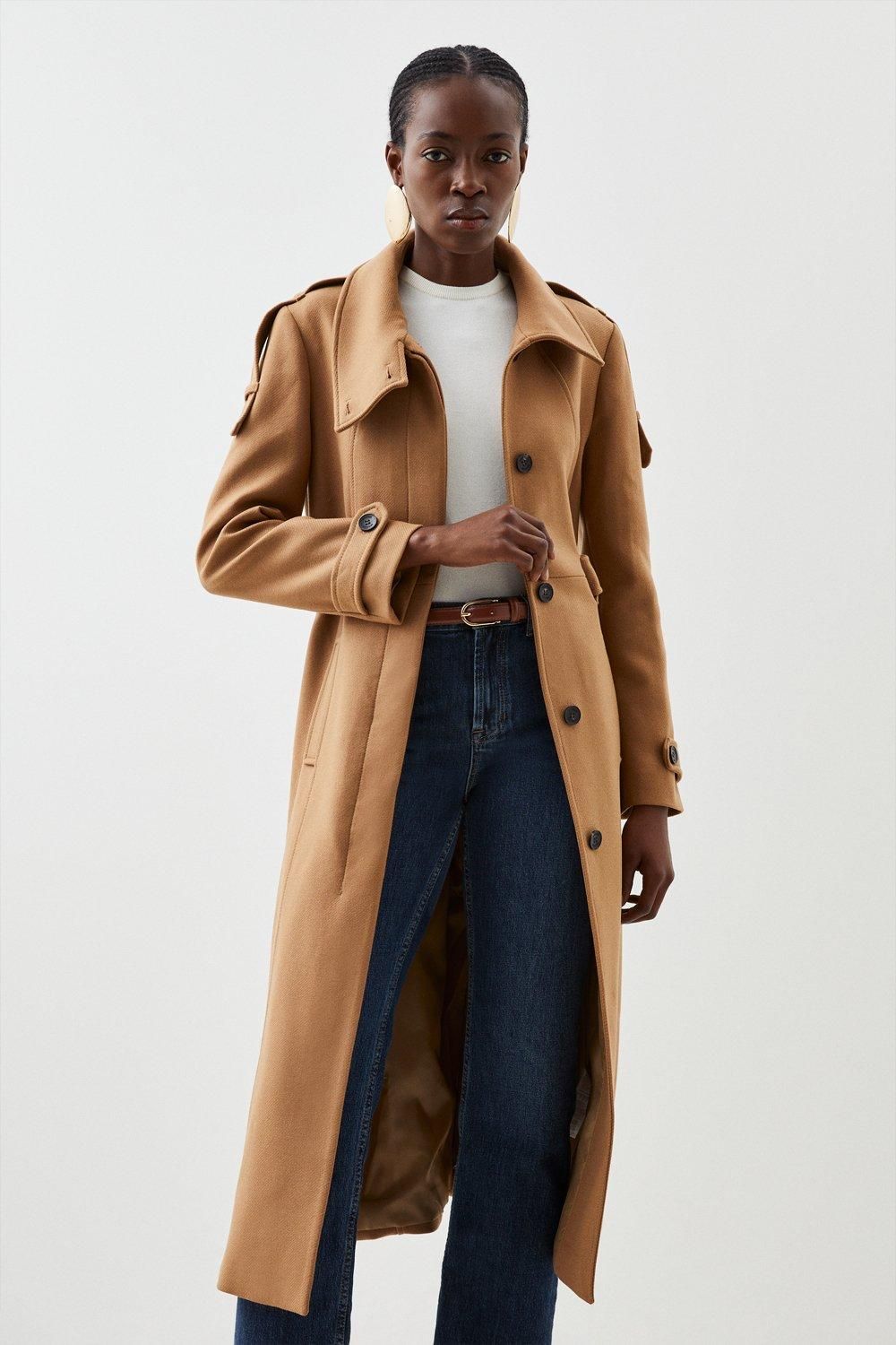RID237 Wool Blend Tailored Epaulette Detail Belted Coat