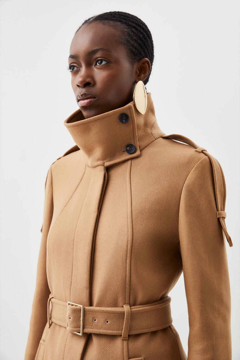 RID237 Wool Blend Tailored Epaulette Detail Belted Coat - Image 2