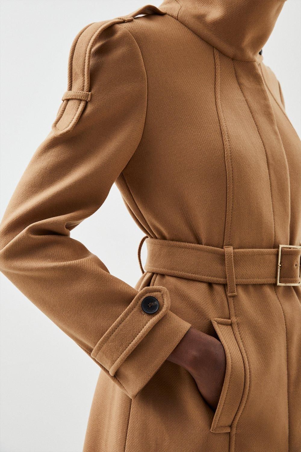 RID237 Wool Blend Tailored Epaulette Detail Belted Coat - Image 4