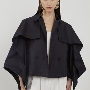 RID239 Drape Sleeve Trench Style Cropped Coat