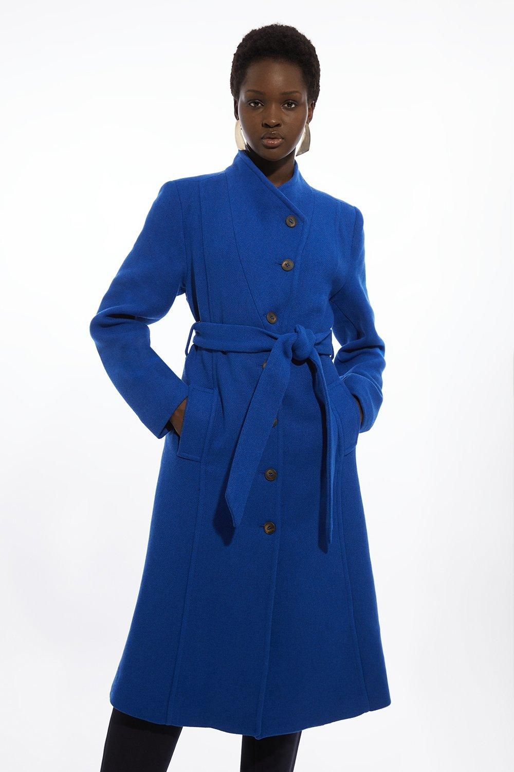 RID233 Wool Blend Asymmetric Button Belted Tailored Midi Coat