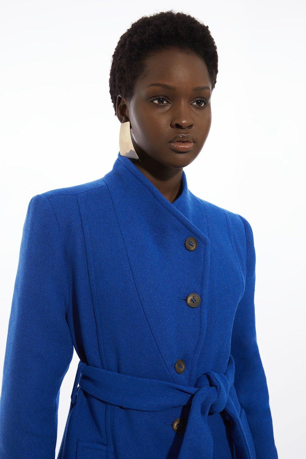 RID233 Wool Blend Asymmetric Button Belted Tailored Midi Coat - Image 2
