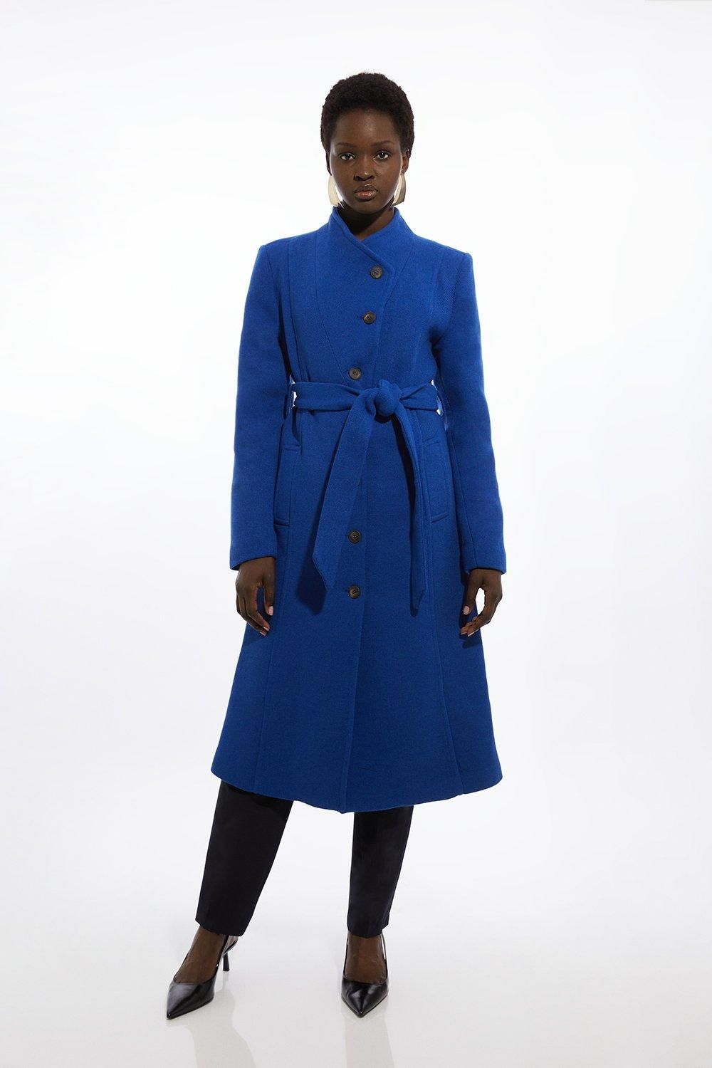 RID233 Wool Blend Asymmetric Button Belted Tailored Midi Coat - Image 3