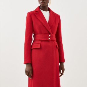 RID227 Wool Mix Button Detail Belted Midi Coat