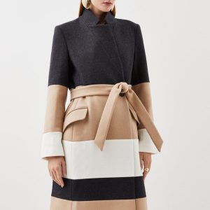 RID228 Wool Blend Contrast Midi Coat