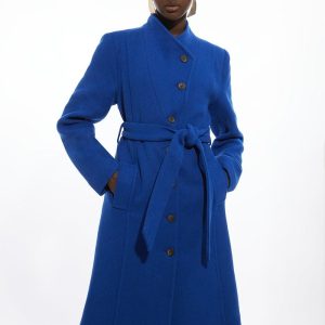 RID233 Wool Blend Asymmetric Button Belted Tailored Midi Coat